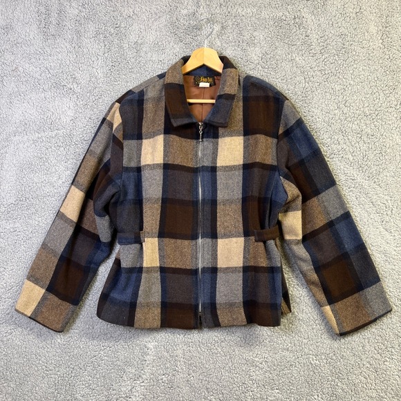 David Paul New York Jackets & Blazers - VTG David Paul New York Jacket Women L Brown Blue Plaid Wool Blend Zip Up Blazer
